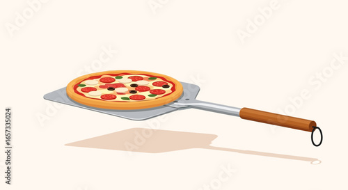 Illustration of a Delicious Pizza with Pepperoni on a Metal Peel