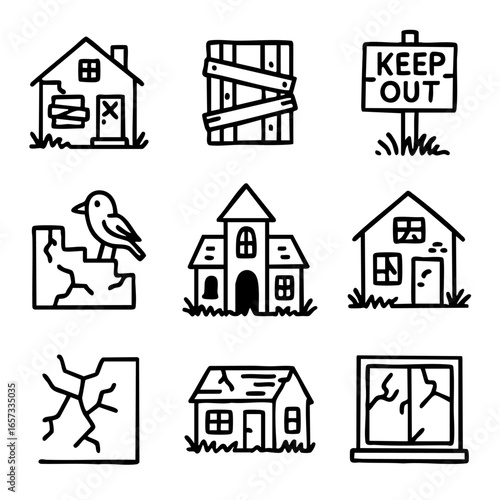 A set of doodle line icons depicting abandoned houses, broken windows, cracked walls, and damaged property symbols with a haunted theme