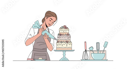 Illustration of a focused pastry chef decorating a tiered cake with precision