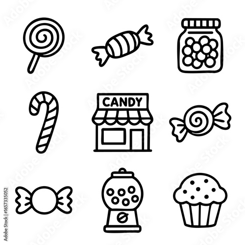 A set of doodle line icons showing various candies, sweets, desserts, and a candy store theme with playful and fun elements
