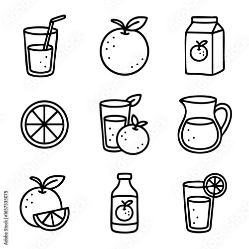 A set of doodle line icons showing fresh oranges, juice glasses, citrus slices, cartons, bottles, and pitchers in a fruit drink theme