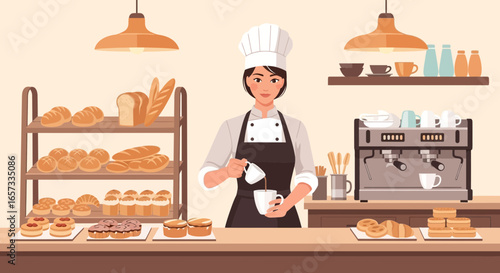 Illustration of a female baker in a bakery, pouring coffee, near bread shelves