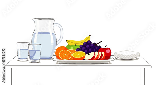 Still Life with Water Pitcher, Glasses, and Fresh Fruit Platter
