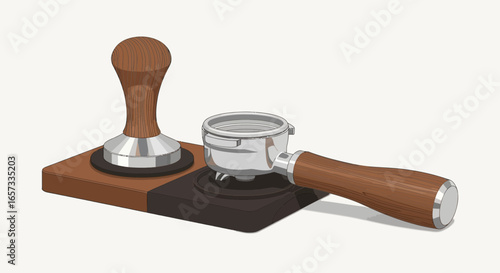 Illustration of espresso tamper, portafilter, and tamping station for barista
