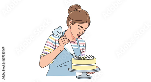 Illustrative depiction of a woman artistically decorating a cake skillfully