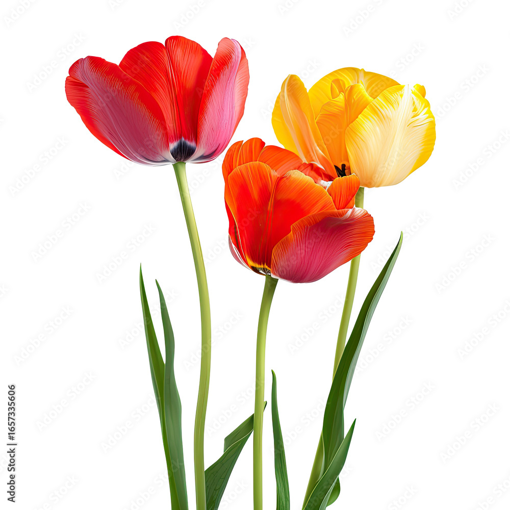 Fototapeta premium Three Tulips Bloom, Displaying Vibrant Color, Isolated on Dark Background.