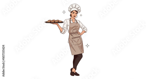 Illustrative woman baker serving cookies with elegance on white backdrop