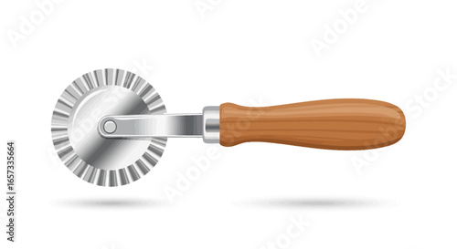 Isolated Detailed Ravioli Cutter with Wooden Handle on White Surface