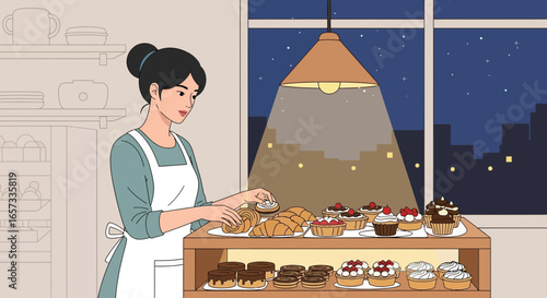 Nighttime Pastry Display at Local Bakery with Baker and City Views