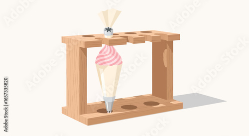 Pastry bag and wooden rack for decorating cakes in a bakery setting