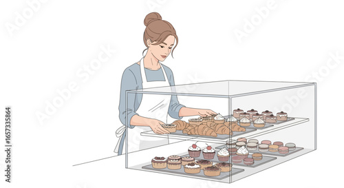 Pastry chef arranging delicious pastries in a glass display case illustration