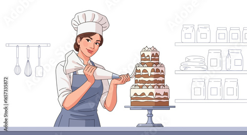 Pastry chef delicately decorating a tiered cake with icing for celebration