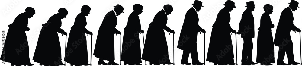 Elderly people walking with cane, aging silhouette vector, senior mobility aid, old man woman posture stages, healthcare concept illustration, black icons Elderly people walking with cane, aging silhouette vector, senior mobility aid, old man woman posture stages, healthcare concept illustration, black icons