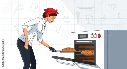 Professional female baker with red bandana taking out fresh bread from oven