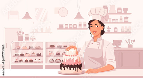 Professional female chef decorates a tiered cake in a brightly pastel pastry shop