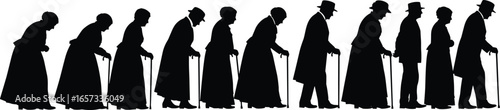 Elderly people walking with cane, aging silhouette vector, senior mobility aid, old man woman posture stages, healthcare concept illustration, black icons