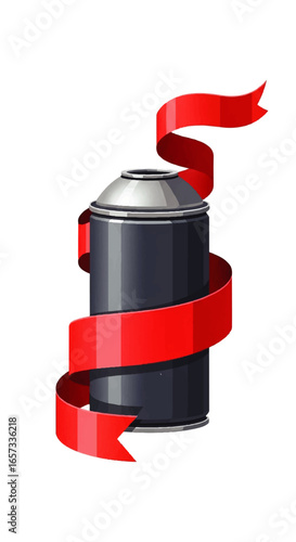 Vibrant red ribbon elegantly wraps around a sleek dark gray aerosol spray can with a metallic silver cap.