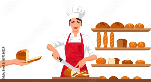 Skilled baker gracefully slices freshly baked bread in a bustling bakery setting
