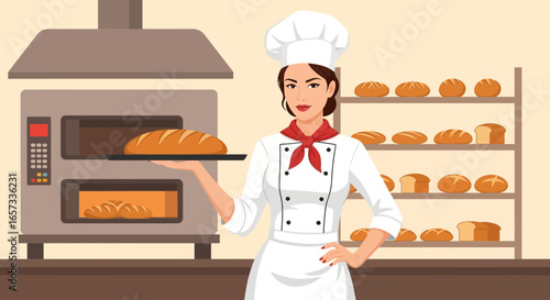 Skilled bakery chef proudly displaying freshly baked artisan loaf bread