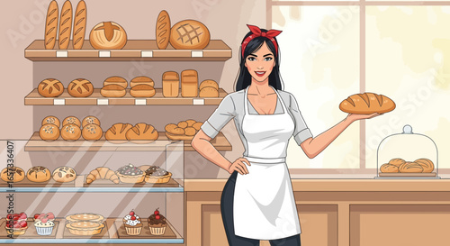 Smiling bakery employee showing a loaf of bread in a traditionally decorated shop