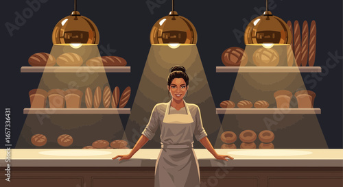 Smiling Bakery Worker in Front of Shelves with Delicious Baked Goods