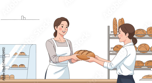 Smiling bakery staff exchanging freshly baked artisan bread loaf together