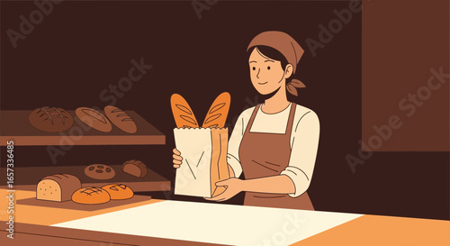 Smiling bakery worker with baguettes in paper bag at her shop counter