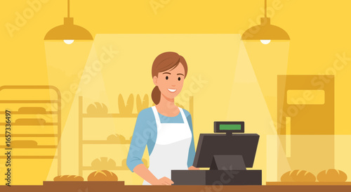 Smiling female baker at a bakery counter with fresh bread display shelf