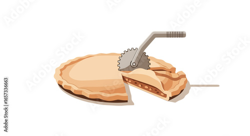 Stylized illustration showcasing a pie being sliced with a pastry wheel
