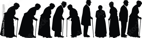 Elderly people silhouettes, senior citizens with canes, aging posture illustration, old age mobility aid, vector graphic, healthcare concept, black silhouette art