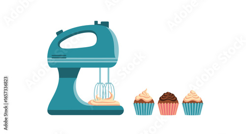 Whimsical Illustration of Kitchen Mixer with Cupcakes for Baking Fun