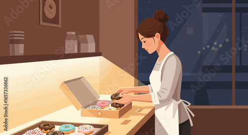 Warm evening at the bakery, showcasing a selection of freshly made donuts