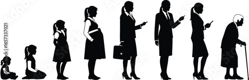 Female life stages silhouette, childhood to elderly woman, aging process, human growth concept, timeline of woman development, vector illustration, editable design