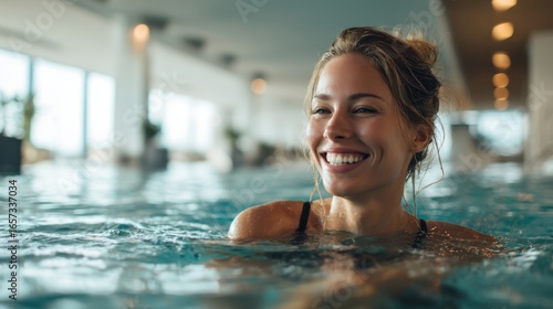 A happy young woman smiling as she swims the breaststroke in a bright, modern indoor swimming pool. The scene is clean, joyful, and full of natural light.