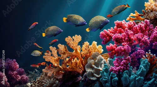 Fototapeta Naklejka Na Ścianę i Meble -  Vibrant coral reef teeming with colorful fish. Underwater scene showcases a rich array of corals, from vibrant pinks and purples to sunny oranges and blues. 