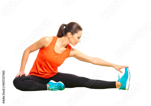 Woman stretching her leg while sitting on the floor isolated on transparent background