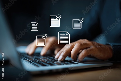 Person using laptop, managing digital documents