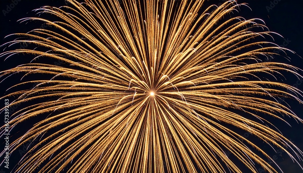 Naklejka premium Spectacular golden firework explodes in a brilliant starburst display against the dark night sky, symbolizing celebration and festivity