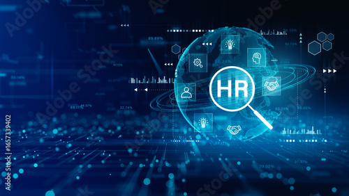 Digital Human Resources Concept with Global Network and HR Interface for Employee Management and Recruitment Analytics, 3d Rendering