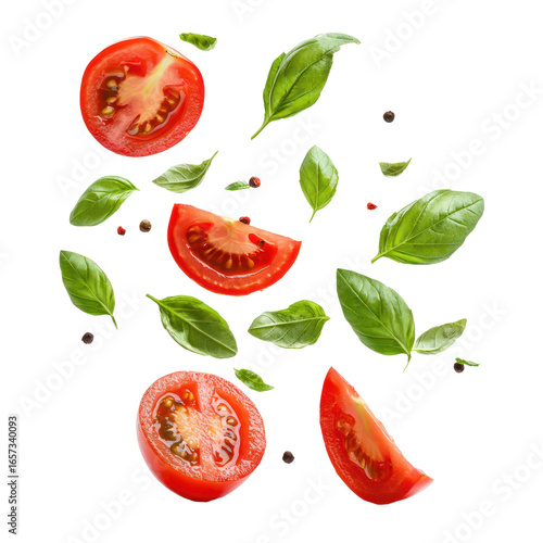 basil and slice of tomato falling isolate on transparent background
