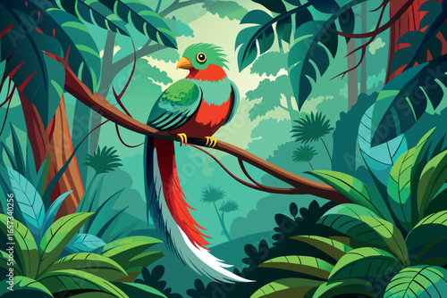 A colorful quetzal bird perched on a branch in a lush green jungle