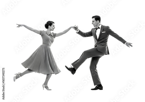 Couple dancing swing dance in vintage clothing isolated on transparent background