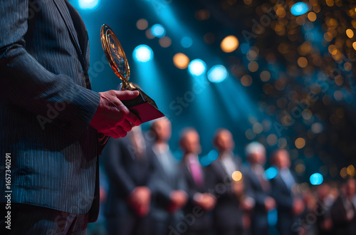 Business team leader receiving award prize at best business project competition event. Business and entrepreneurship award ceremony theme. Focus on unrecognizable people in audience