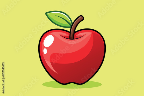 Illustration of a shiny red apple with a green leaf and brown stem