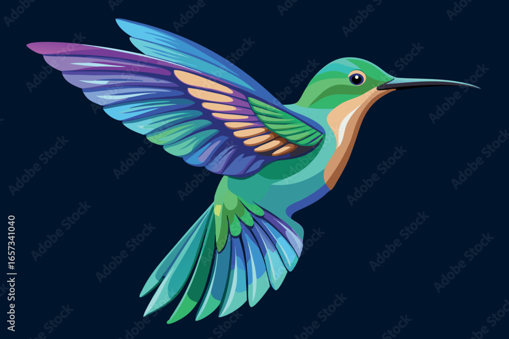Obraz premium A colorful hummingbird is flying with its wings spread wide open