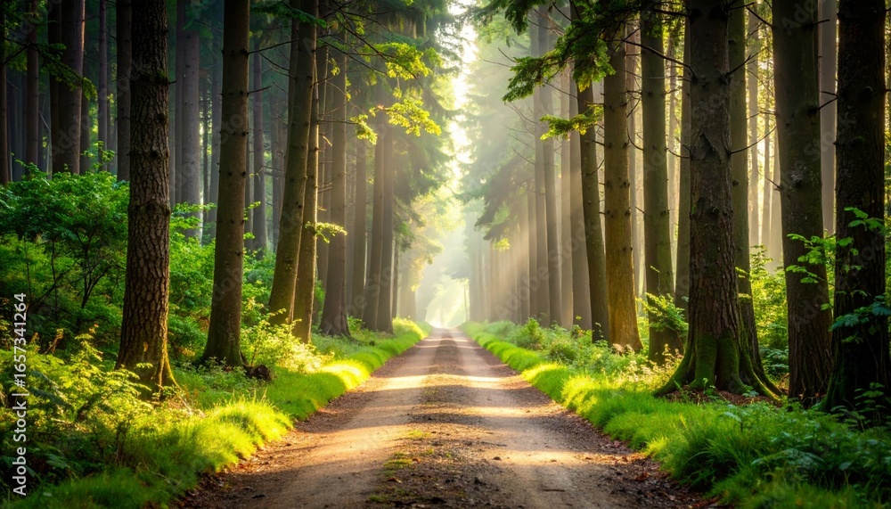 Fototapeta premium A winding dirt path through a lush green forest with sun-dappled trees
