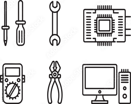 Electronics Repair Outline Icons Toolkit, Screwdriver, Soldering Iron, Circuit Board, Multimeter, and Device Fix Symbols