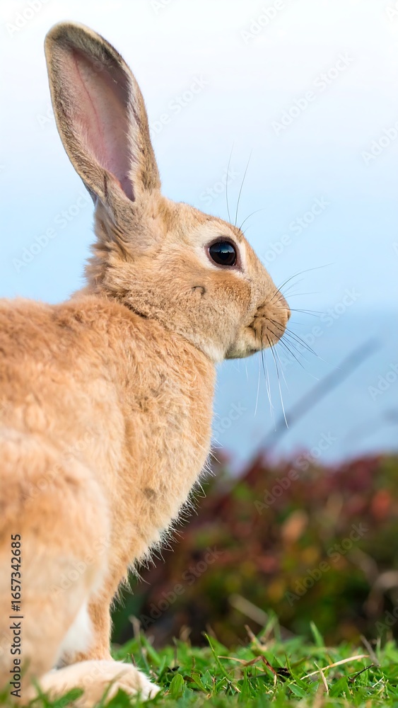 Fototapeta premium A light brown rabbit sits in grass, gazing towards a blurry ocean