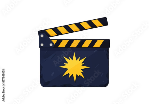 Stylized Dark Blue Movie Clapperboard with Yellow Starburst Emblem