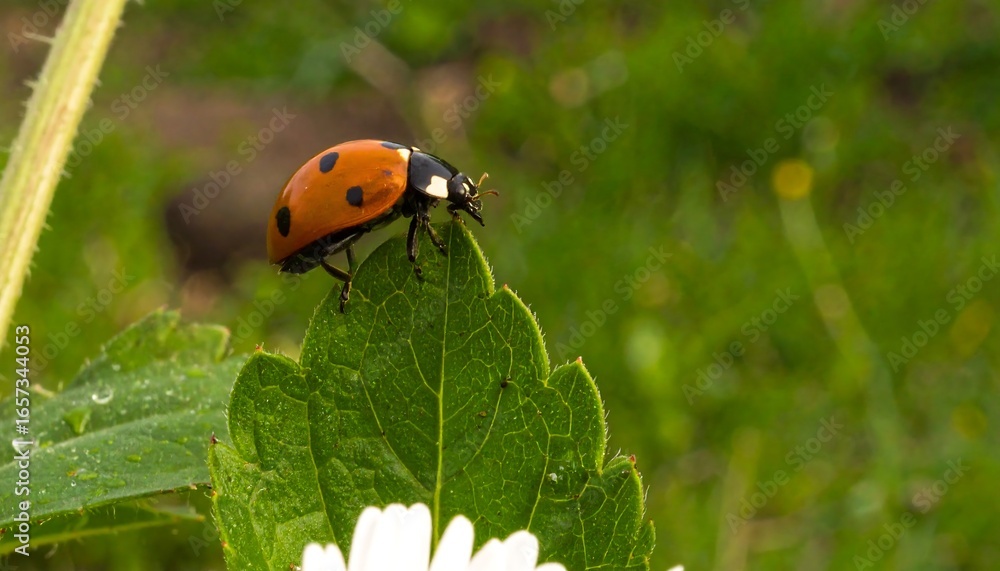 Obraz premium Ladybug on a leaf in a garden
